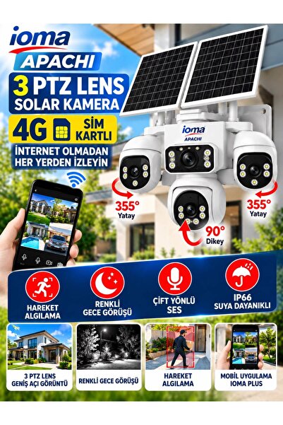 4 LENS 3 PTZ SOLAR KAMERA 4G Sim Kartlı (Yıllık 240GB İnternet) ve 128GB SD Kart Dahil