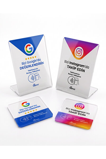 NFC Google & Instagram Kartı ve Masaüstü Standı – 4’lü Set