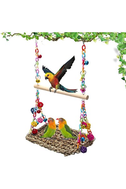 Generic Bird Swing Toys with Wood Perch, Bird Hammock Seagrass Woven Parrot P...