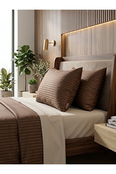 CAQQA Çizgili Saten 2 adet 50x70 cm Kahverengiı Yastık Kılıfı