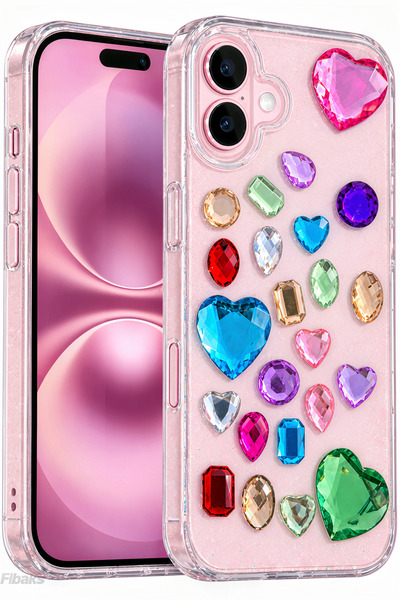 Fibaks iPhone 17 Kılıf Bedazzling 3D Renkli Kristal Görünümlü Taşlı Kalpli Si...