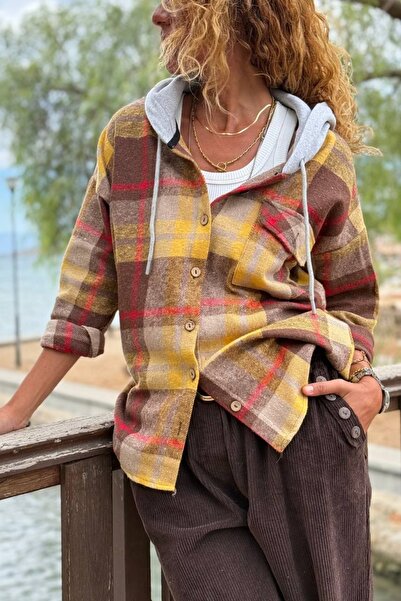 Güneşkızı Brown Hooded Plaid Pocket Soft Textured Lumberjack Casual Shirt 70 50