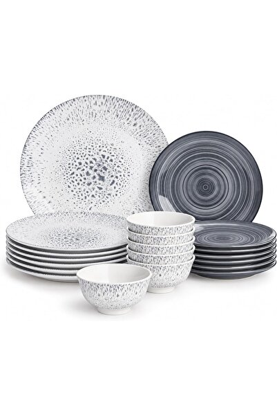 SHALLOW Porcelain LEO 18-Pc Dinner Set – Grey| 6 Dinner Plates, 6 Side Plates...