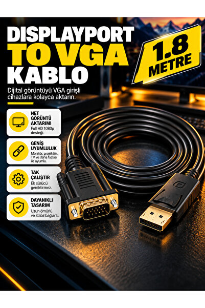PEMBERTON Displayport Vga Adaptörü Kablo 1.8 Metre Erkek Dönüştürücü Hd 1080p...