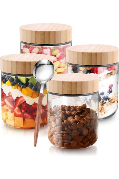 Generic 16oz Glass Jars, Overnight Oats Containers, 4 Pack Mason Jars with Li...