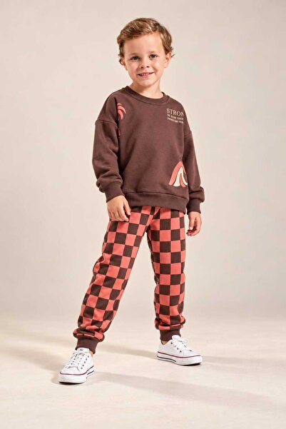 kidsense Boy's Back Printed Checkerboard Patterned Tracksuit Set