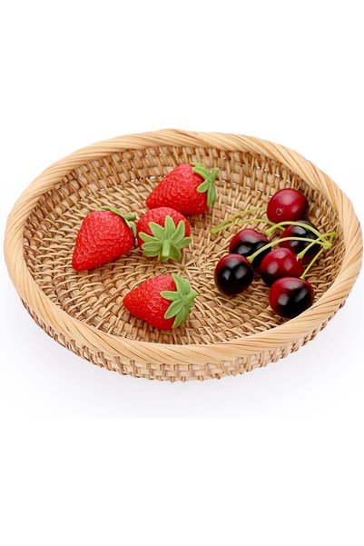 Generic صينية تقديم دائرية من الخيزران، صينية منسوجة من القش، سلة تقديم زخرفي...