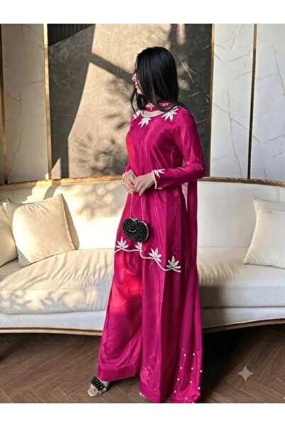 MYSMAR Magenta Heavy Natural Crepe Embroidered Farshi Salwar Suit Set - HRT93...