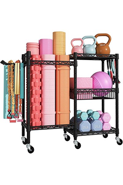 Generic Yoga Mat Storage Rack with Rolling Wheels, Storage Shelf with Basket，...