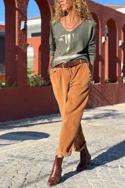 Güneşkızı Italian Camel Pocketed Belted Pipe Leg Corduroy Casual Trousers 100 40