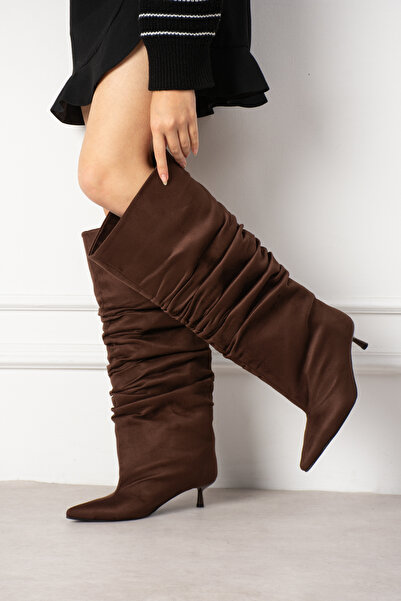 DESPİNA Marco Women's XL Wide Suede Look Drawstring Pointed Toe Short Heeled Boots