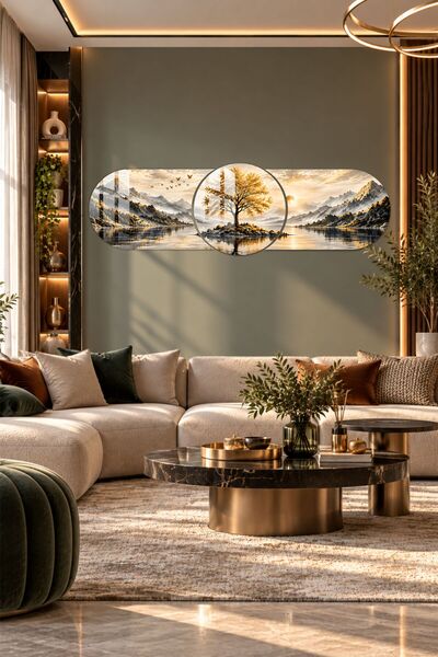 Decorita 3 Parçalı Dekoratif Cam Tablo | Golden Lake