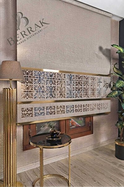 BerrakPerde Luxury Bej Renk Keten dokulu Çift sıra Lazer desen Gold çıtalı Av...