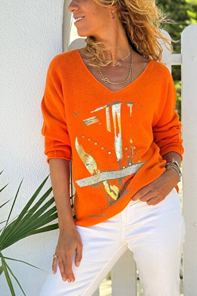 Güneşkızı Italian Orange V-Neck Soft Textured Foil Printed Casual Sweater 65 50