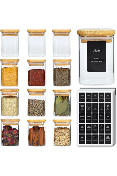 Generic 12Pcs Glass Spice Jars with Bamboo Lid, 8oz Airtight Square Container...