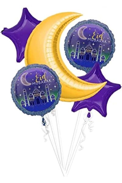 Generic مجموعة لافتات وبالونات عيد مبارك - زينة العيد باللونين الأزرق والفضي ...