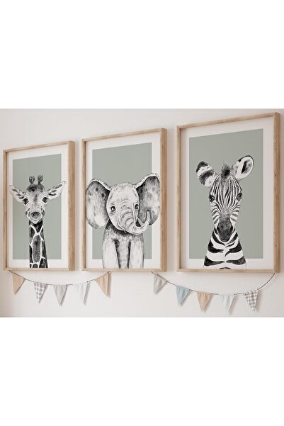 Generic Safari Animals Baby Girl Boy Set of 3 Nursery Unframed Prints, Bedroo...