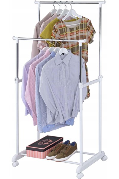 BUNCA 👗رف ملابس أرضي 160 سم,ستاند أبيض قابل للتعديل بعجلات وقضبان مزدوجة مع ...