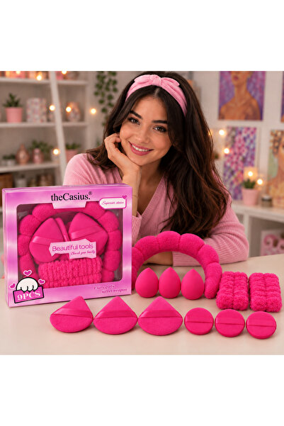 The Casius. 9-piece makeup sponge set with cord and bandanas, fuchsia