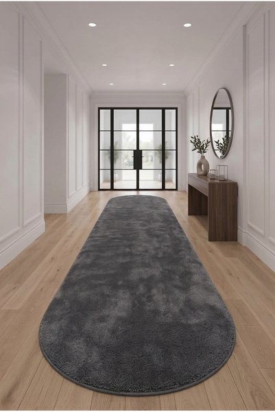 SOFT DECOR Antrasit Kaymaz Taban Peluş Oval Kesme Yolluk Tozumaz Yumuşak Doku...