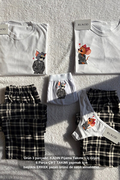 RUKOD KADIN Tekli Beyaz Siyah Ekoseli Kedicik & Farecik Pijama ve İç Giyim Ta...