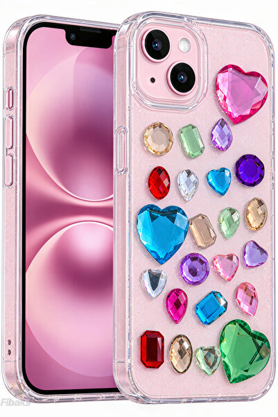 Fibaks iPhone 13/14/15 Kılıf Bedazzling 3D Renkli Kristal Görünümlü Taşlı Kal...