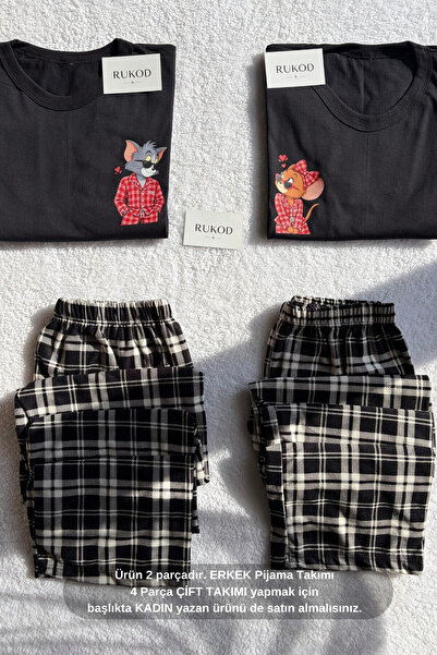 RUKOD ERKEK Tekli Siyah Ekoseli Kedicik & Farecik Pijama Takımı (Çift Pijamas...