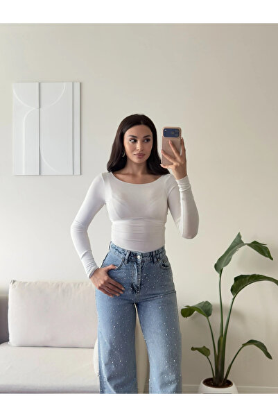 Zoom Butik Kayık Yaka Transparan Bluz - BEYAZ