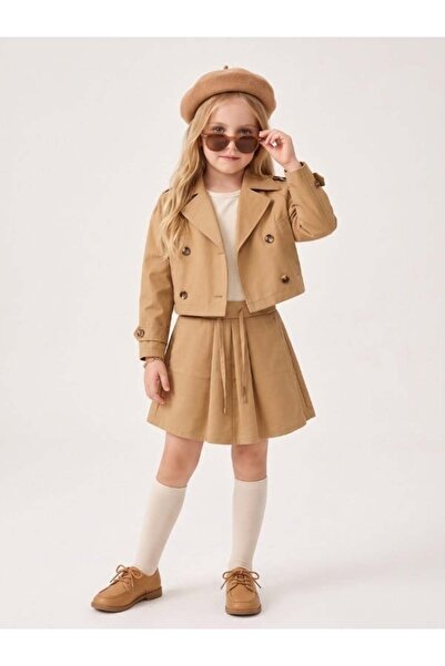 Zekids Girls' Double-Breasted Crop Trench Coat and Belted Shorts Skirt Set