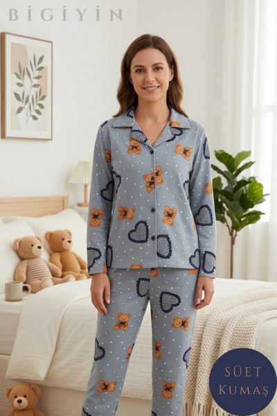 bigiyin Soft Suede Buttoned Women's Pajama Set - Winter Bear Motif Mother-Dau...