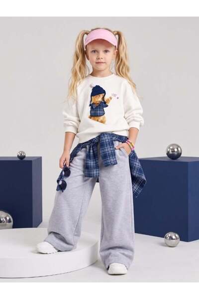 Zekids Girl's Cat Printed Sweatshirt Plaid Shirt and Wide Leg Sweatpants Set