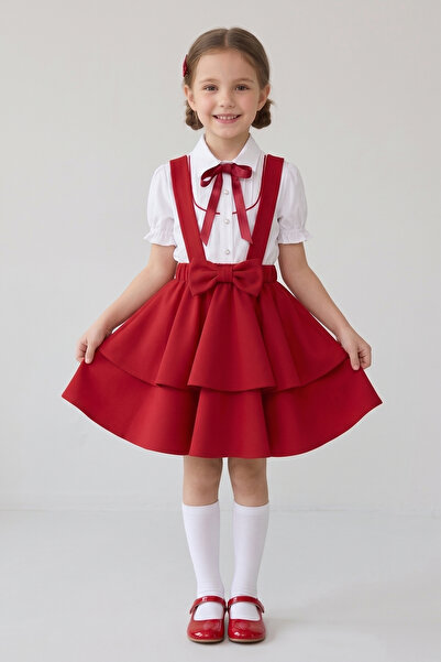 nacar çarşı Girls' Red Bow Black Piping Short Sleeve Shirt Red Bow Layered Sa...