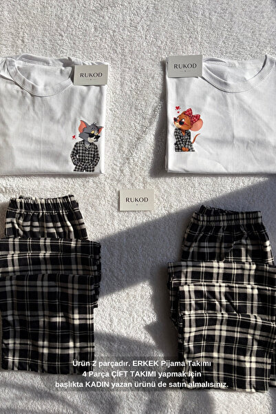 RUKOD ERKEK Tekli Beyaz Siyah Ekoseli Kedicik & Farecik Pijama Takımı (Çift P...