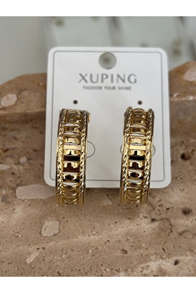 xUPING Kadın Gold Desenli Halka Küpe – Şık Parlak Klipsli Küpe