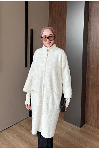 Nes Moda Kadın Fermuarlı Cep Detaylı Angora Triko Ceket Kaban