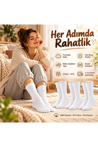 TeOraStore Unisex Beyaz Soket Çorap 6'lı Set %80 Pamuk Dikişsiz Burun Takviyeli Esnek Günlük Spor Çorabı Konfor