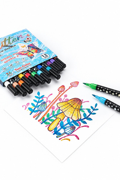 NaSaDAN 12’li Çift Uçlu Glitter Simli Marker Keçeli Kalem Seti – 24 Renk Glit...