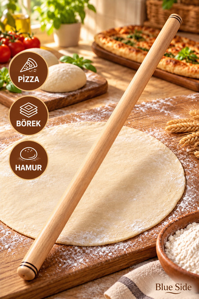 BLUE SİDE Doğal Ahşap İnce Uzun Oklava – Pizza, Börek ve Hamur Açma Oklavası