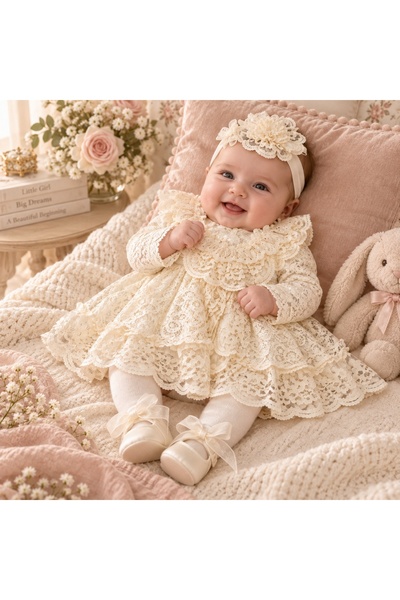 Pure Boutique Σετ βάπτισης 4 τεμαχίων για κοριτσάκι, πολυτελές ιβουάρ δαντελέ...