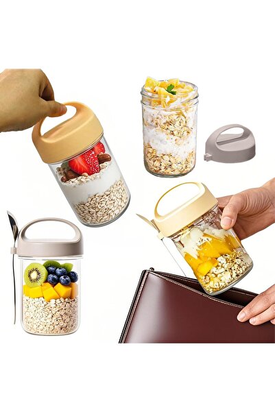Generic أوعية زجاجية للشوفان الليلي مع غطاء وملعقة - سعة 420 مل (14 أونصة) - ...