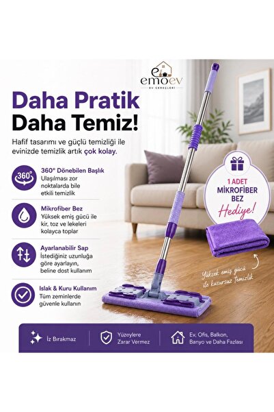 Emoev Bez Ve Kıyafet Tutuculu Mikrofiber Mop 360° Döner Başlıklı Zemin Ve Duv...