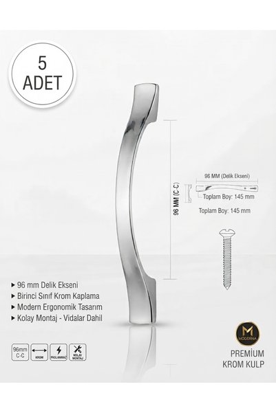 Arion 96 mm Sülün Kulp Mobilya Dolap Çekmece Kulpu Mutfak Banyo Gardırop Kulpu LÜX KROM-GÜMÜŞ-SİYAH