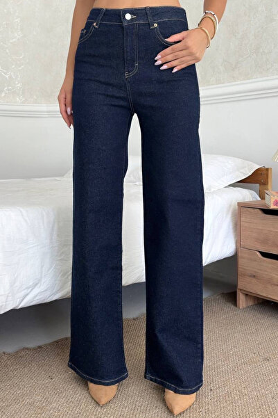 Balenbi Women's High Waist Washed Wide Leg Palazzo Jeans 1239 Navy Blue - Pre...