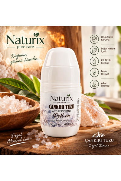 Naturix KAYA TUZU ROLL-ON / DOĞAL MİNERALLİ ROLL-ON / DEODORANT / TER KOKUSU ...