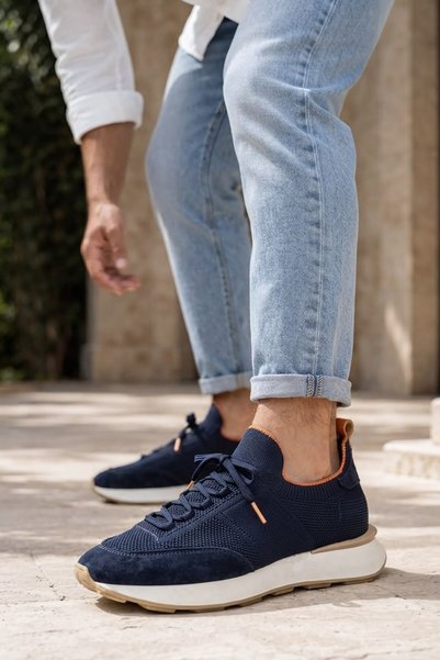 Ahmed Hamdi Bey Delta Navy Blue-Orange Knitwear & Genuine Leather Sneaker