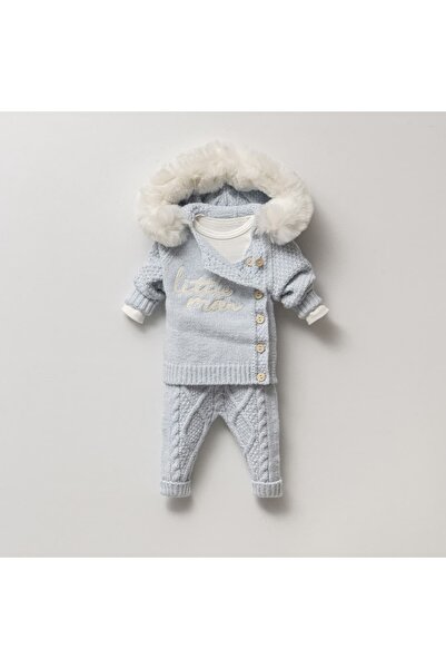 STRAWBABY Fur Hooded Baby Boy Knitwear Set - "Little Man" Embroidered Winter ...