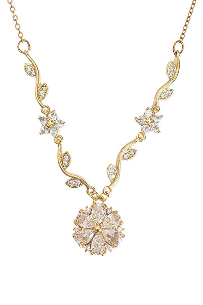 Duiwerlis Women's Gold Color Flower Leaf Detailed Zircon Stone Elegant Neckla...