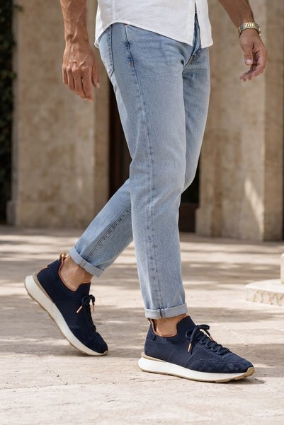 Ahmed Hamdi Bey Delta Navy Blue-Orange Knitwear & Genuine Leather Sneaker