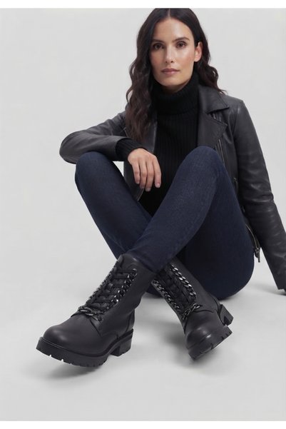 Bianco Ghete combat de dama din piele ecologica cu detaliu lant, Black, 35