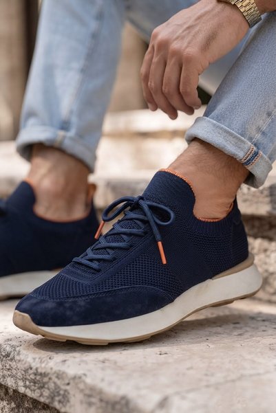 Ahmed Hamdi Bey Delta Navy Blue-Orange Knitwear & Genuine Leather Sneaker